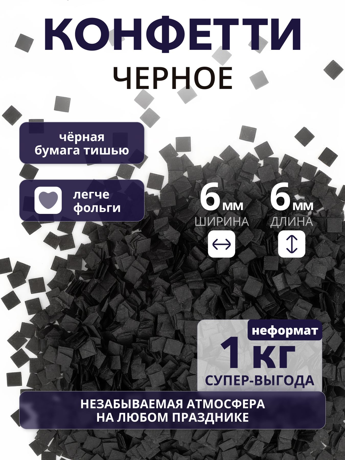 Конфетти черное из бумаги тишью 6х6 мм, неформат, 1 кг